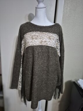 Ryu Olive and Cream Lace Panel Crewneck Sweater